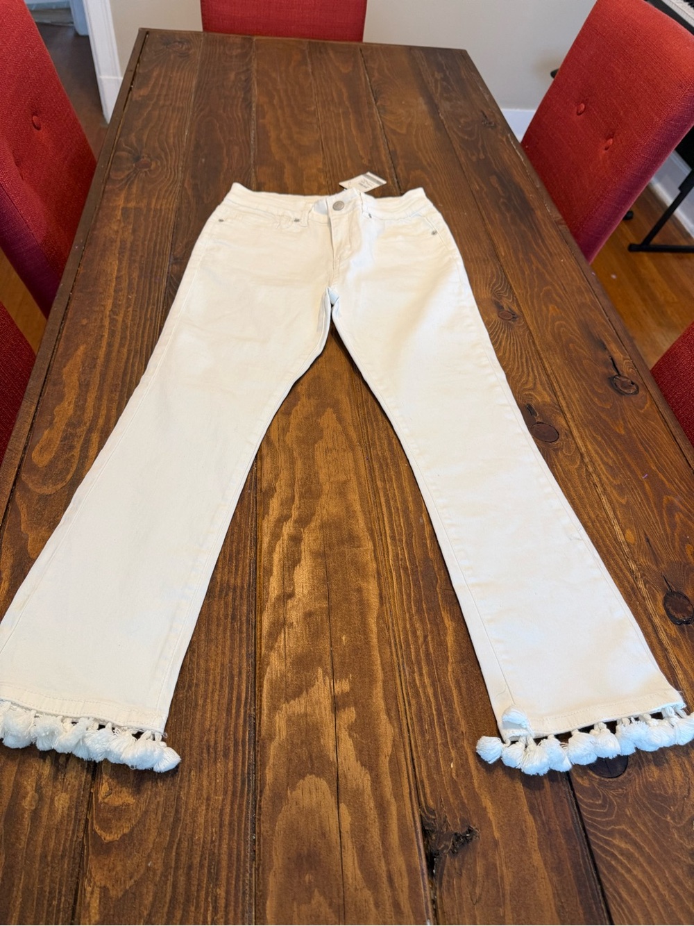 Mud Pie Off-White Flare Jeans with Tassel Hem